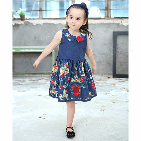 Baby Kid Girls Floral Embroidered Sleeveless Denim Dress - Blue 130
