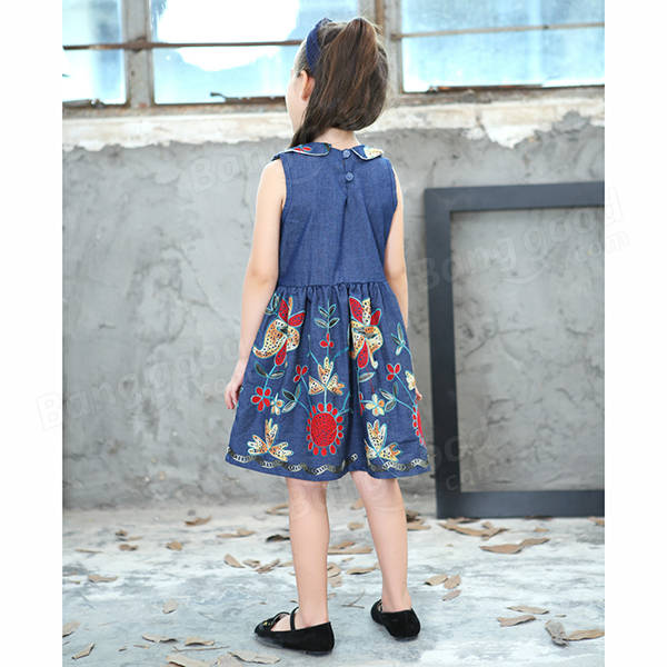 Baby Kid Girls Floral Embroidered Sleeveless Denim Dress - Blue 130