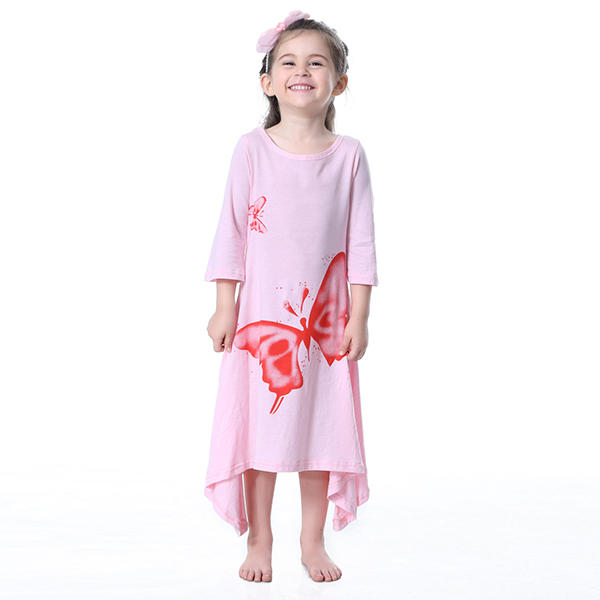 Kid Girls Butterfly Printed Long Sleeve Dress - Pink 110