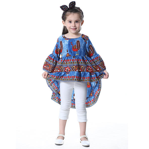 Kid Girls Peacock Printed Round Neck Bell-Sleeve Tops - Red 140