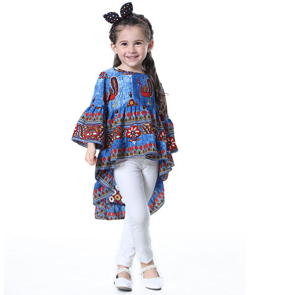 Kid Girls Peacock Printed Round Neck Bell-Sleeve Tops - Red 140