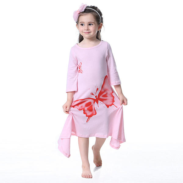 Kid Girls Butterfly Printed Long Sleeve Dress - Pink 110