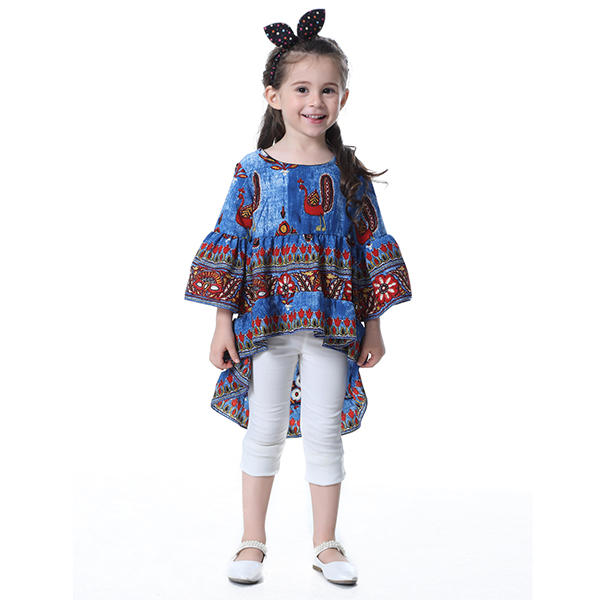 Kid Girls Peacock Printed Round Neck Bell-Sleeve Tops - Red 140
