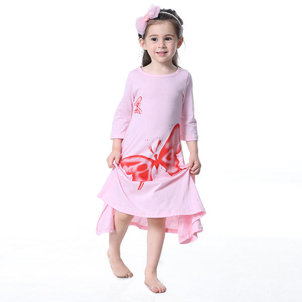 Kid Girls Butterfly Printed Long Sleeve Dress - Pink 110