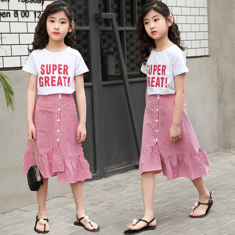 Girls Summer Cotton  2Pcs T Shirt Kids Plaid flounced Skirt Girls Outfits Set Girl's Clothing 3-14