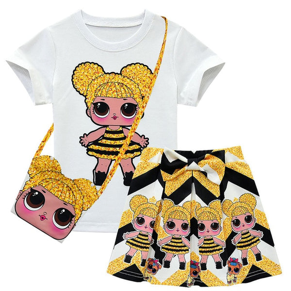 Fashion L.O.L  Dress for Girls Children's Clothes Kids Dresses Baby Girls Costume Summer Unicorn T-Shirt + Skirt Set +bag