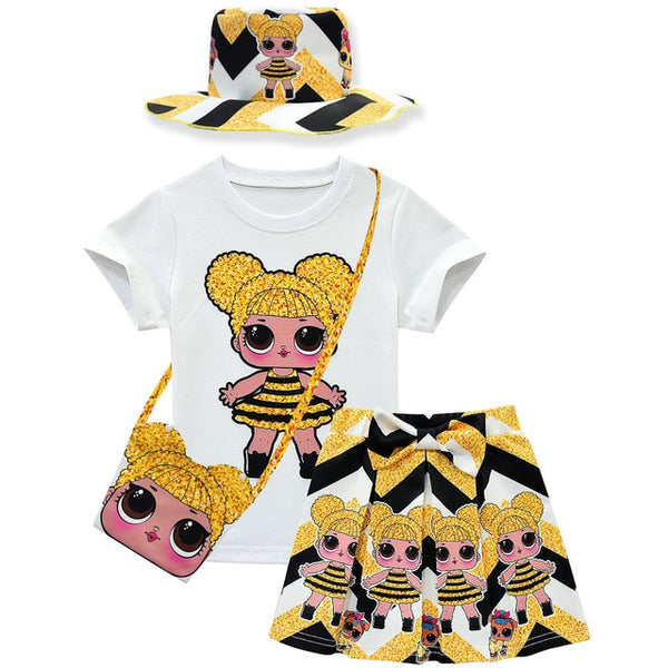 Fashion L.O.L  Dress for Girls Children's Clothes Kids Dresses Baby Girls Costume Summer Unicorn T-Shirt + Skirt Set +bag