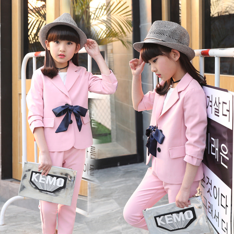 Girl's Long Sleeve Pink Coats+9' Pants 2PCS Blazer Clothing Sets Bow Tie Closure Spring Autumn Blazer Sets Pink Fashion Sets