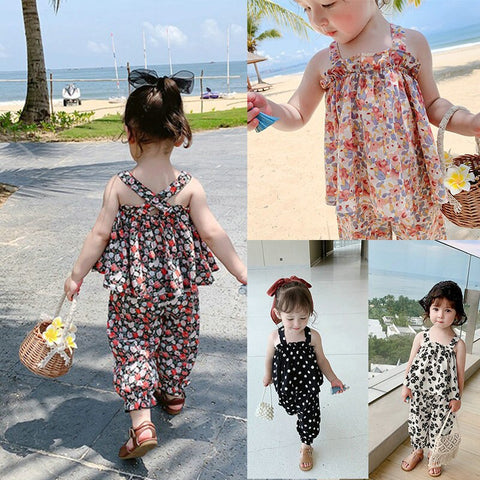 2020 Summer New Girl's Suit Flower Top Shirt with Narrow Straps +Nine points trousers Suit toddler girl clothing set