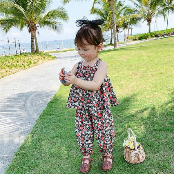 2020 Summer New Girl's Suit Flower Top Shirt with Narrow Straps +Nine points trousers Suit toddler girl clothing set