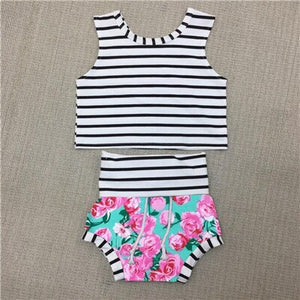 Baby Girls Clothing Sets T Shirt+Shorts Girl Summer Fashion 2Pcs Set Girl's Cotton Striped Tops+Floral Shorts 0-3Yrs 40