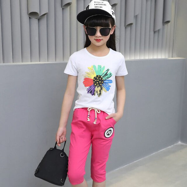 Girls' Clothing Sport Sets Summer Suits Children's  Girl's Cotton Short Sleeve T Shirt +pant  3-12 Ages Teenage Girls Clothing