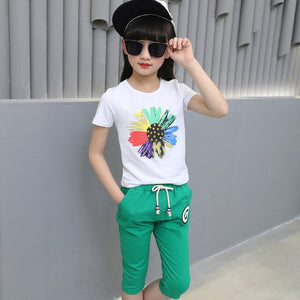 Girls' Clothing Sport Sets Summer Suits Children's  Girl's Cotton Short Sleeve T Shirt +pant  3-12 Ages Teenage Girls Clothing