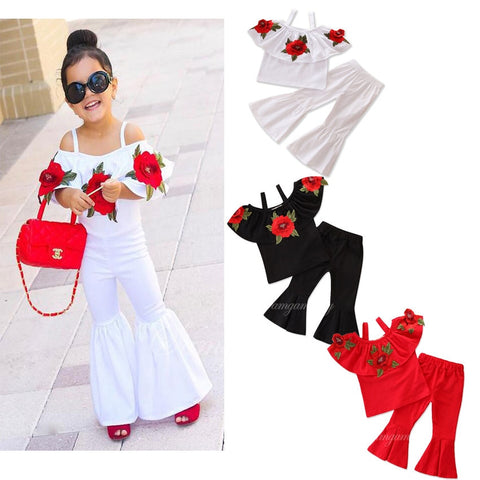 Baby Girls 2pcs Clothes Sets Summer Toddlers Girl's White Rose Flowers Blouse Flared Trousers Suit Fashion Children Clothing Set