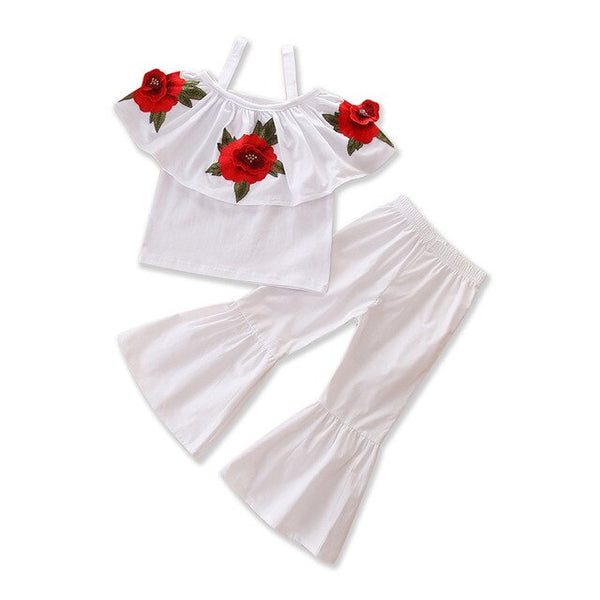 Baby Girls 2pcs Clothes Sets Summer Toddlers Girl's White Rose Flowers Blouse Flared Trousers Suit Fashion Children Clothing Set