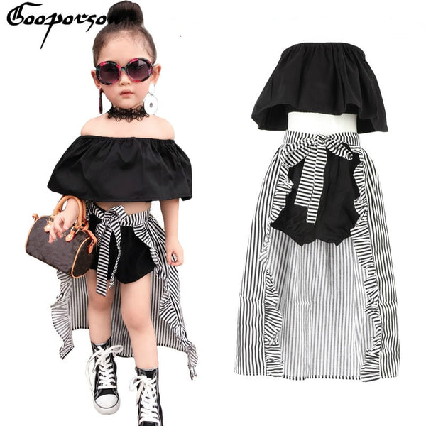 Girls Clothes Set Baby Girl's 3 Pcs Clothing Suit Cute Kids Summer Black Shirt Pants Stripe Cloak For Children Outfit & Necklace